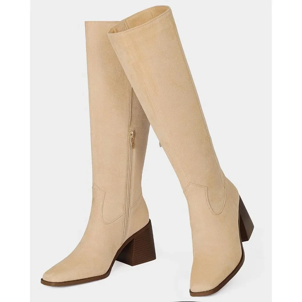 Women Nude Polyurethane Knee High Square Toe Side Zipper Block Heel Tall Boots
